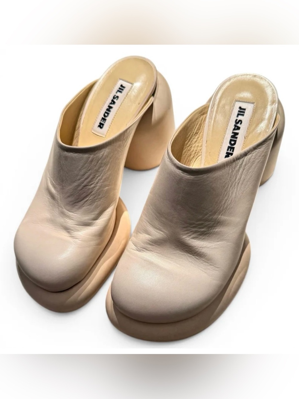 Jil Sander ivory Leather Sculpted Block Heel Mules